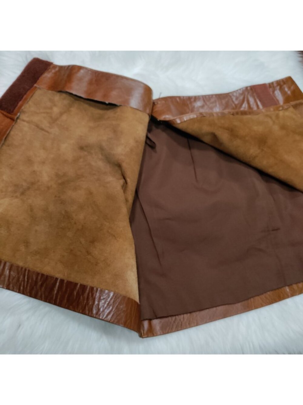 Hugo Buscati 100% Leather Antique 70s Style Brown A-Line Wrap Mini Skirt Size 6 - Picture 9 of 16